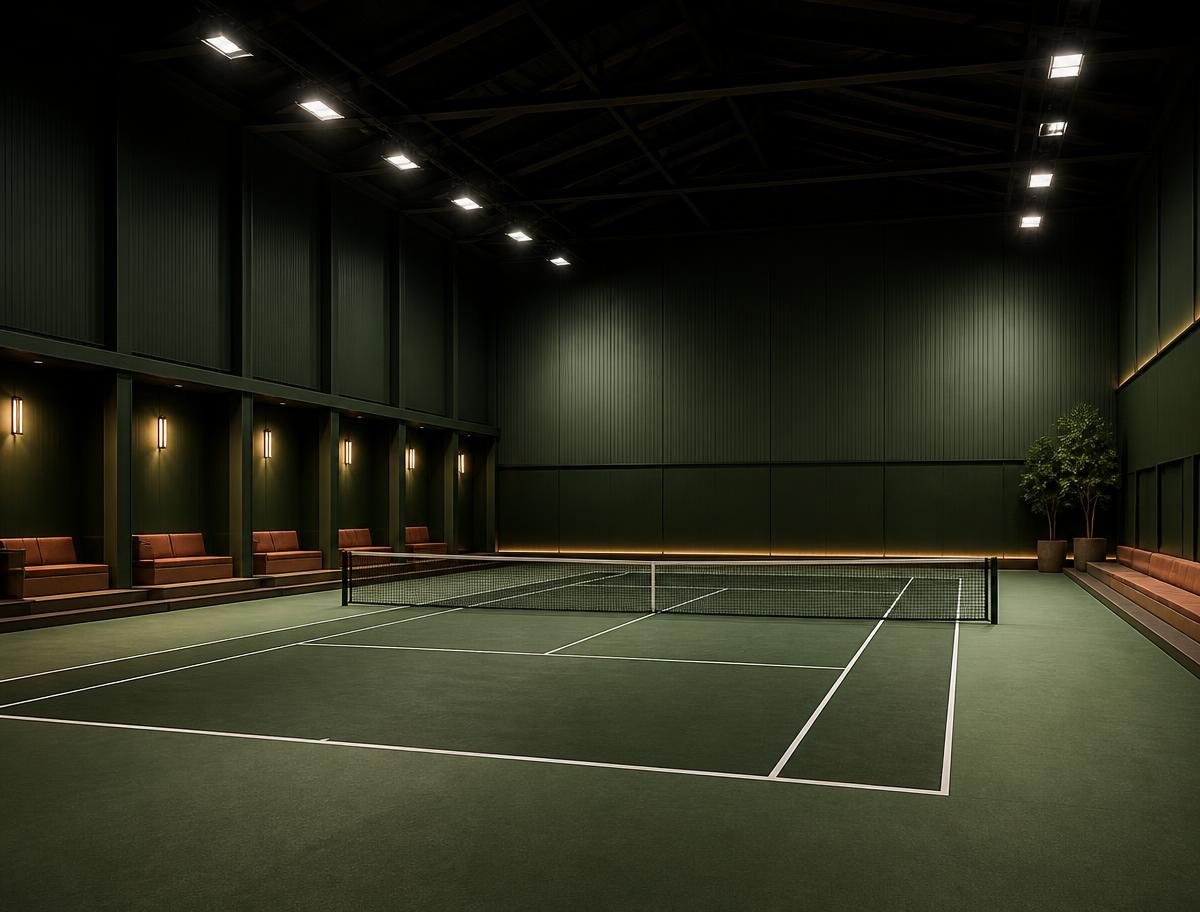 สนามเทนนิสในร่มของ Rush Tennis พื้นอะคริลิกสีเขียวและดินเผา